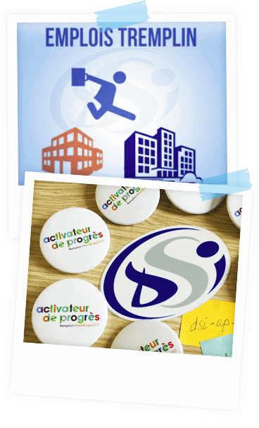 Deux photos l'une illustrant un homme qui saute vers une entreprise, l'autre represente des badges et le logo DSI.