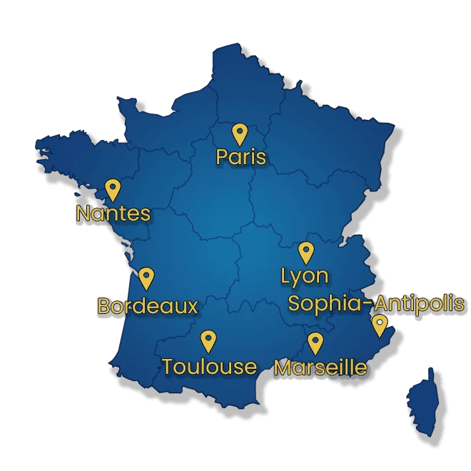 Une carte de France avec les lieux surlignés en bleu.