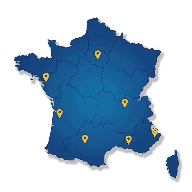 Carte de France bleue avec sept épingles de localisation jaunes.